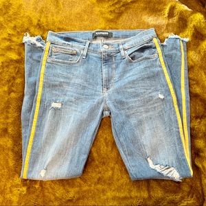 Mid Rise Ankle Skinny Jeans w/ Yellow Stripe